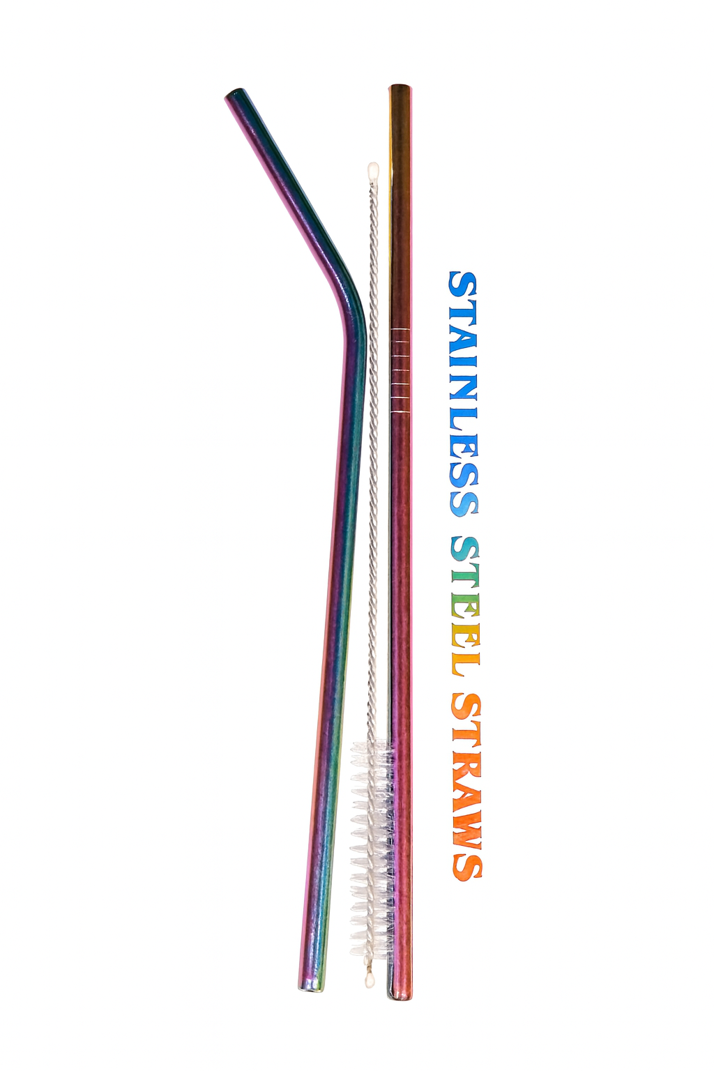 Reusable Stainless Steel Drinking Straws Set with Cleaning Brush – Rainbow Color (2 Pack, Straight & Bent)