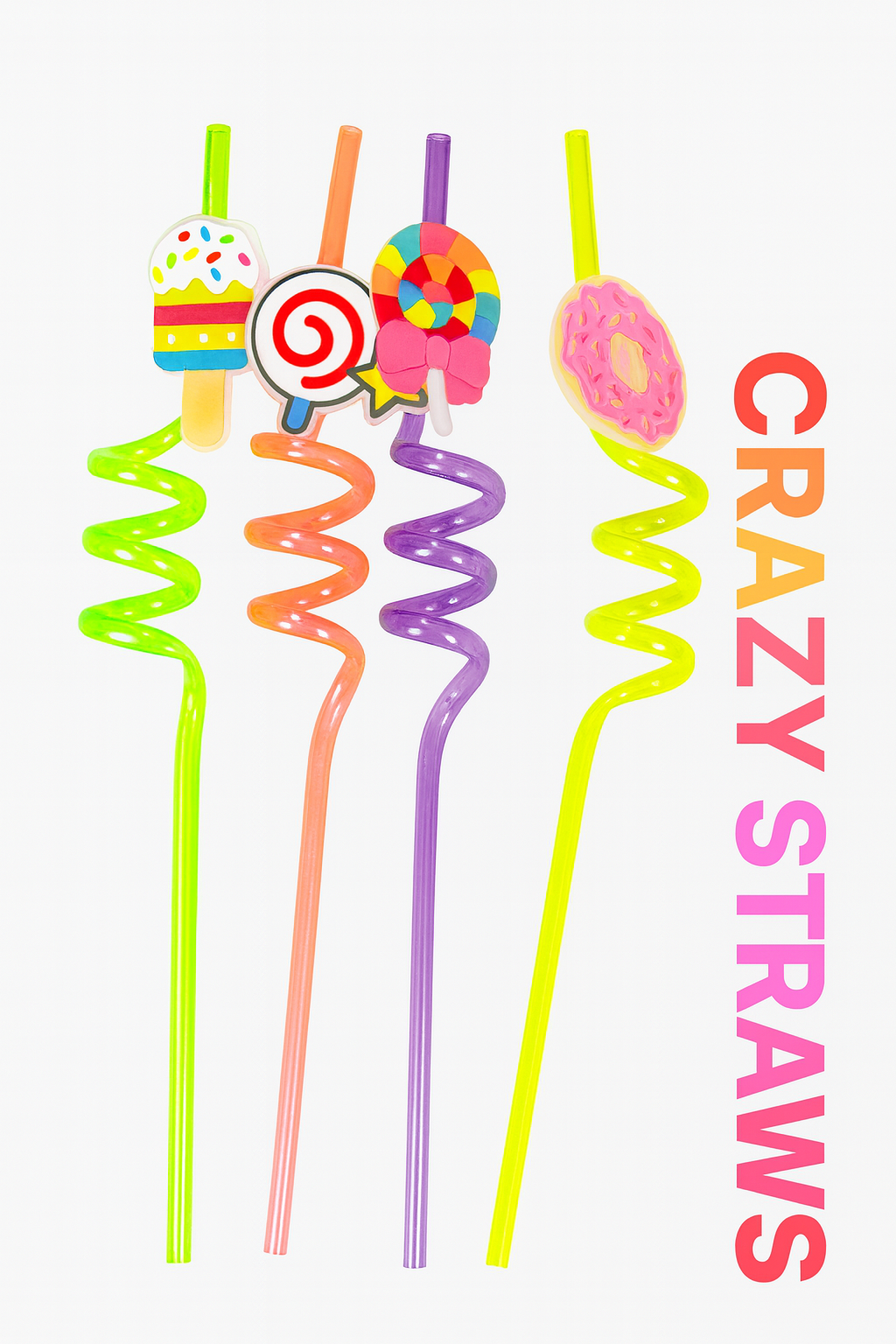 Colorful Crazy Spiral Drinking Straws with Fun Cartoon Toppers – Set of 4 (Reusable Plastic)