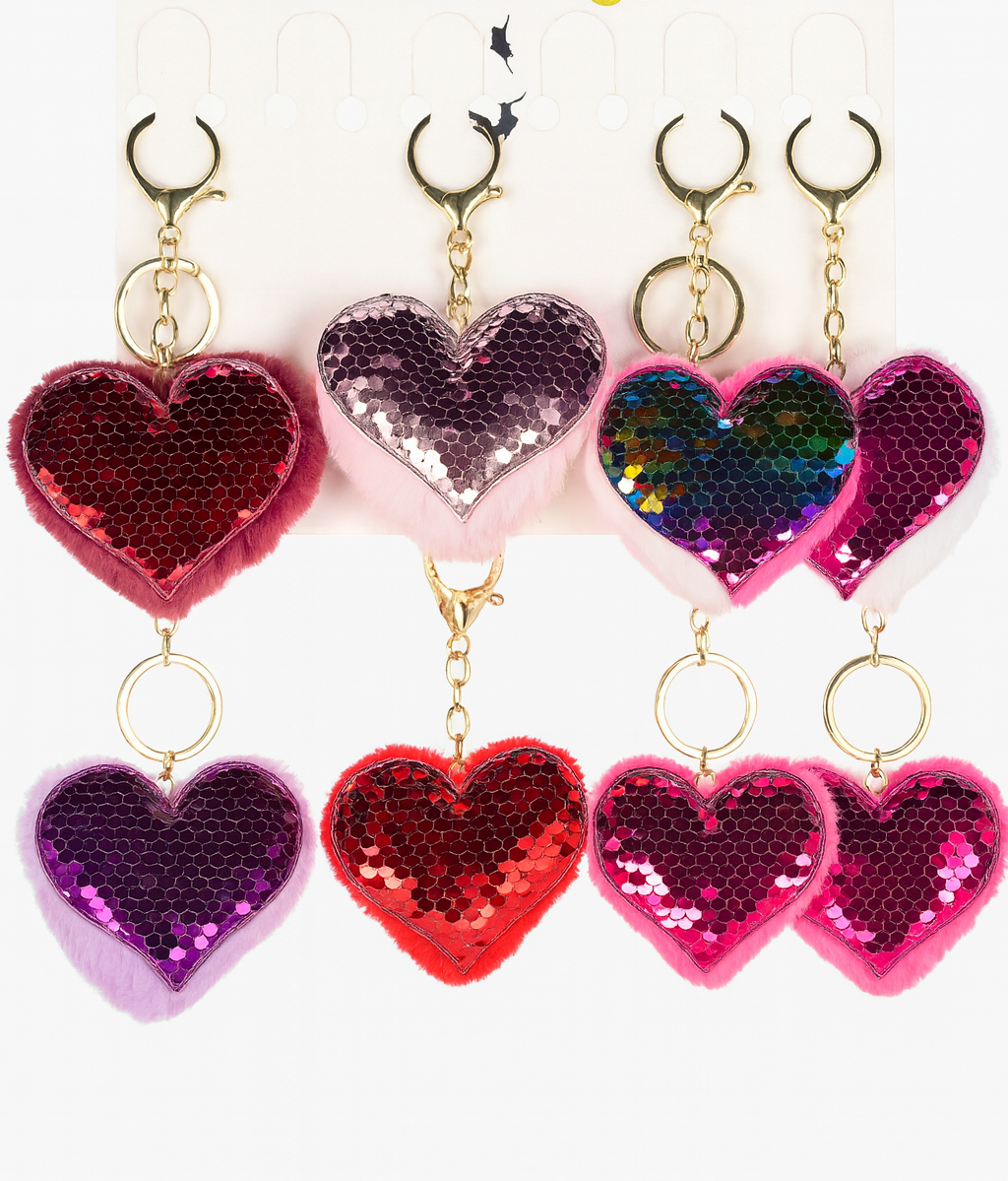 Sequin Heart Keychain with Fluffy Plush Backing – Reversible Sparkle Key Ring for Bags & Keys (Assorted Colors)