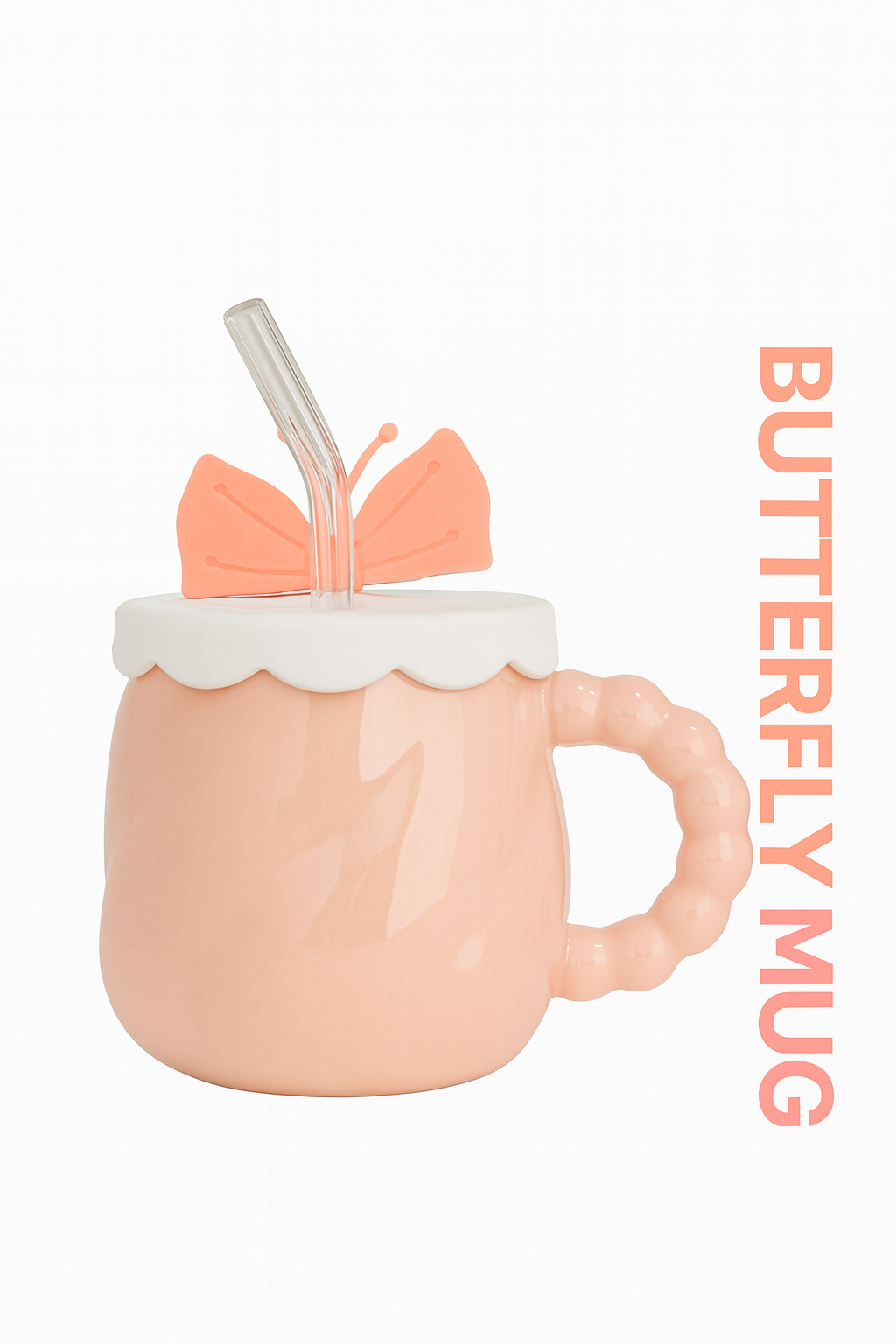 Butterfly Mug with Lid & Straw – Cute Ceramic Cup with 3D Handle (Pink)
