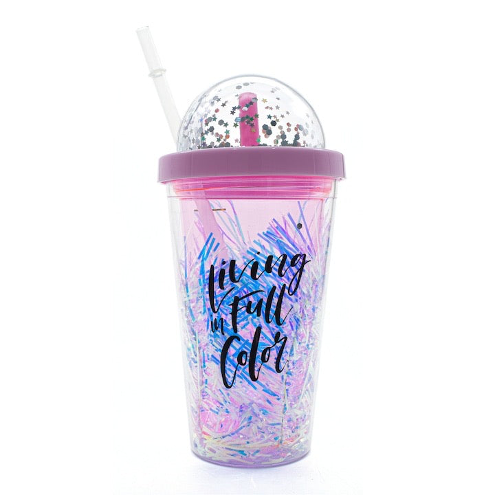 LED Light-Up Glitter Tumbler Bottle – “Living in Full Color” Glow Bottle with Straw