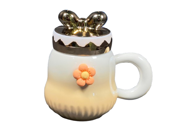 Butterfly Ceramic Mug with Golden Lid and Flower Accent