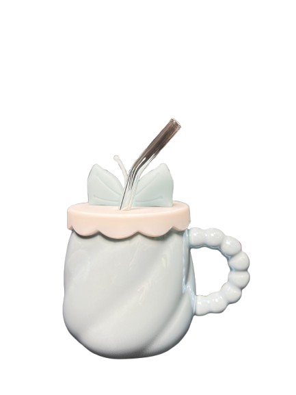 Butterfly Mug with Lid & Straw – Cute Ceramic Cup with 3D Handle (Pink)