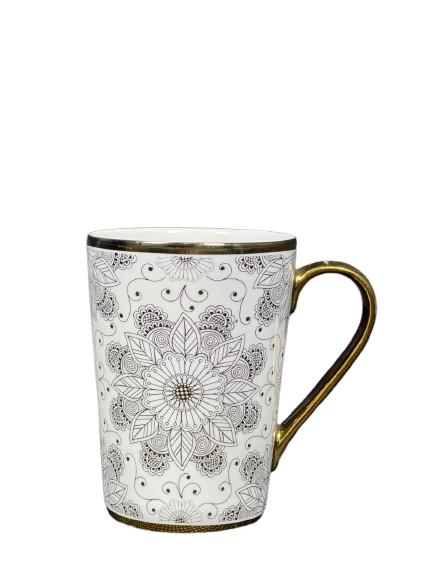 Flowor Design Luxury Tea Cups - Elegant White Porcelain with Golden Floral Handle & Grip, 12 Oz Cups for Coffee, Cappuccino, Latte - Dishwasher Safe Giftable Tea Cup